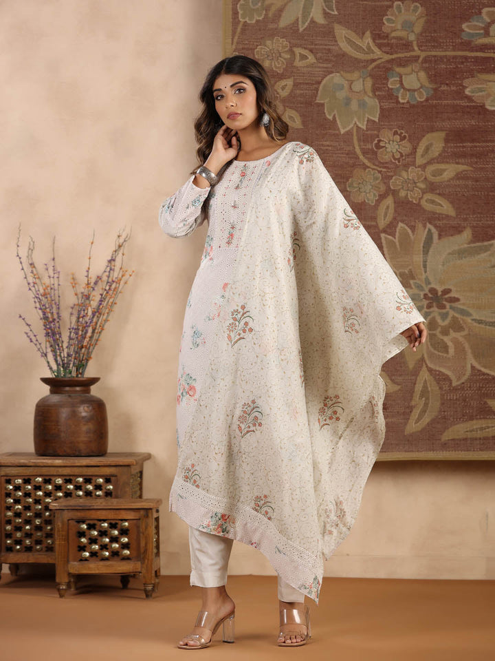Printed Cotton Kurta With Pants &amp; Dupatta