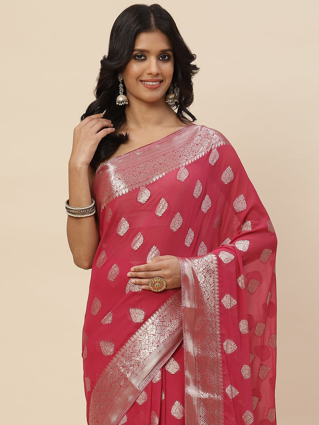Zari Booti Chiffon Plain Saree