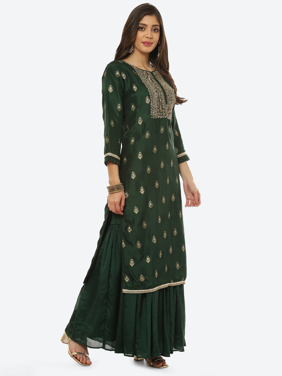 Zari Booti Neck Zari Embroidered Handloom Kurta With Palazzo &amp; Dupatta