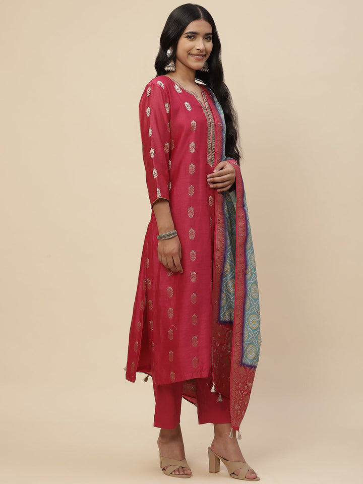 Zari Booti Cotton Kurta With Pants &amp; Dupatta