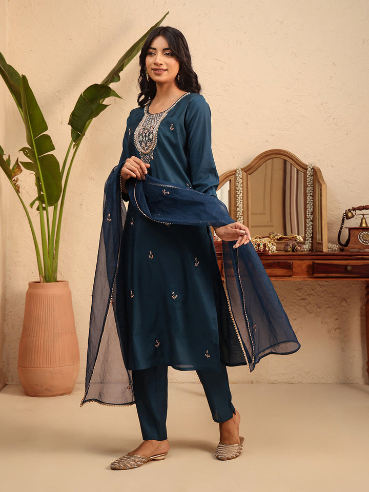 Embroidered Cotton Kurta With Pant &amp; Dupatta