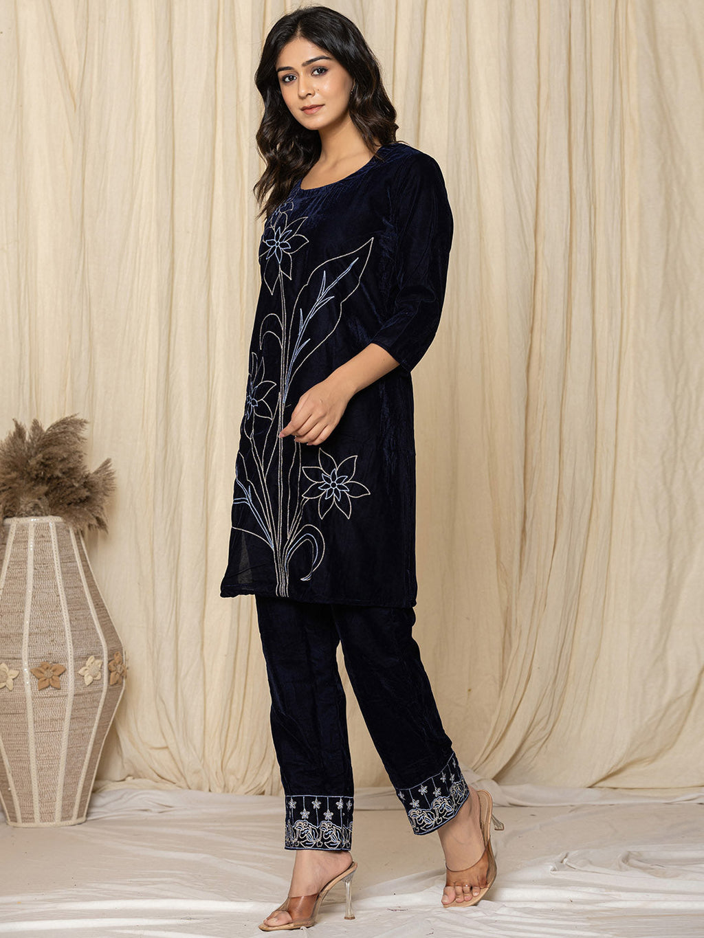 Navy Blue Velvet Floral Embroidered Kurta with Straight Pants