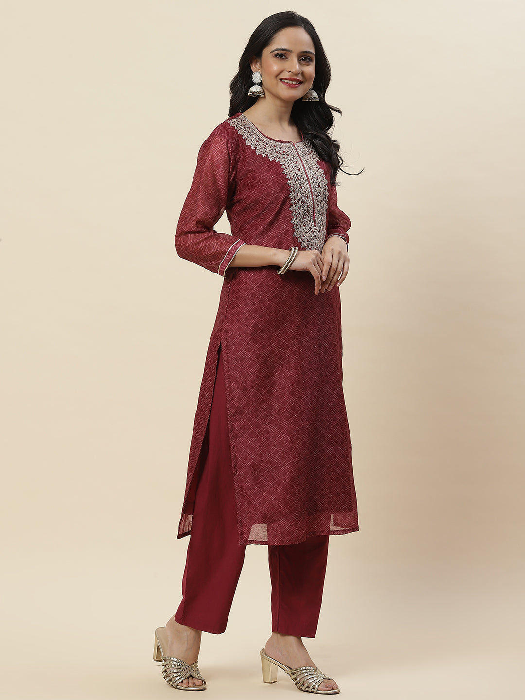 Printed &amp; Neck Embroidered Chanderi Kurta With Pants &amp; Dupatta