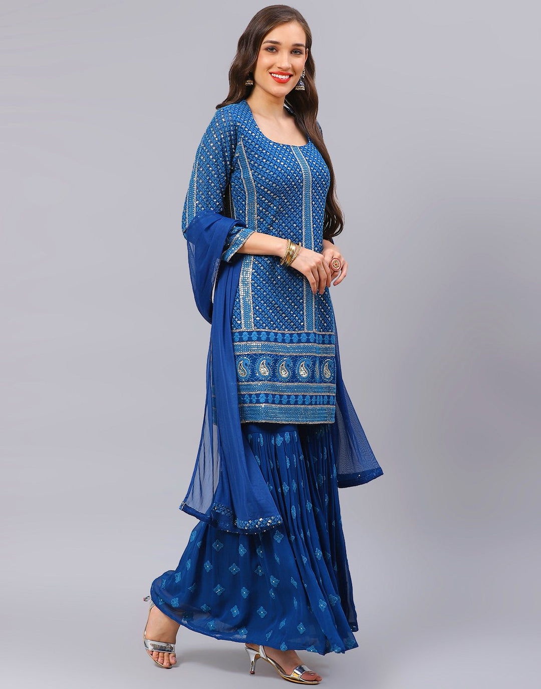 Sequin Georgette Kurti With Sharara &amp; Net Dupatta