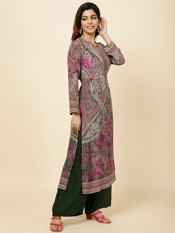 Digital Printed Crepe Kurta With Palazzo &amp; Dupatta