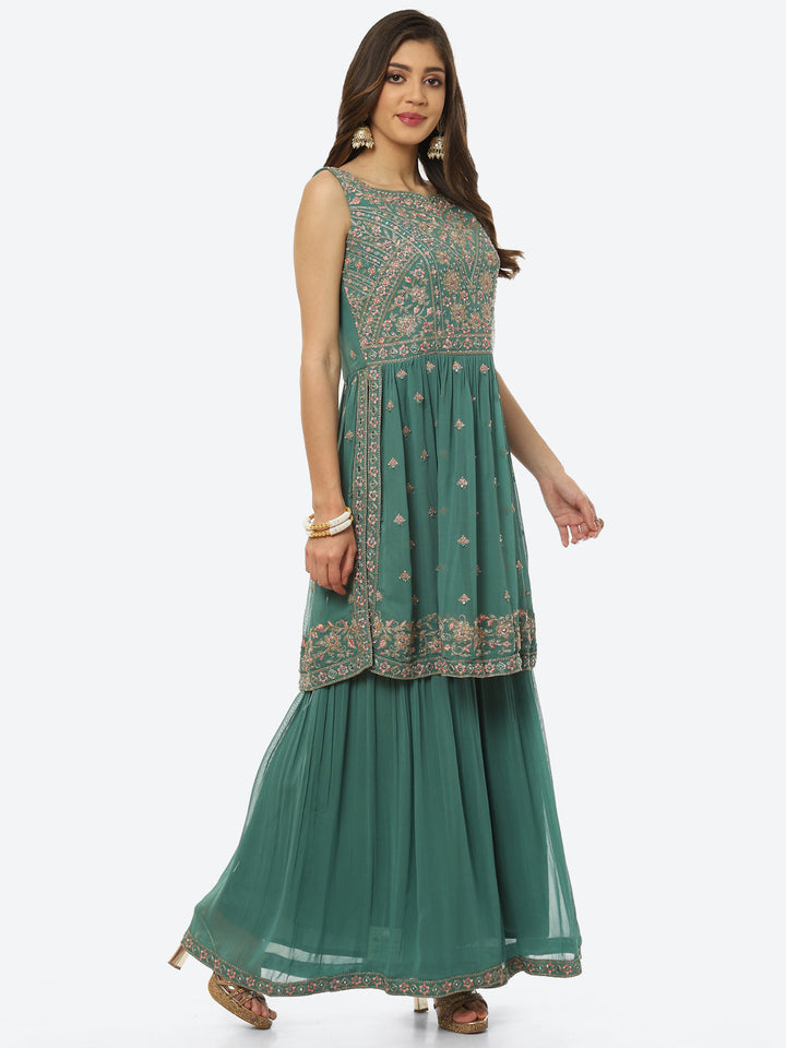 Embroidered Art Georgette Kurti With Sharara And Net Dupatta