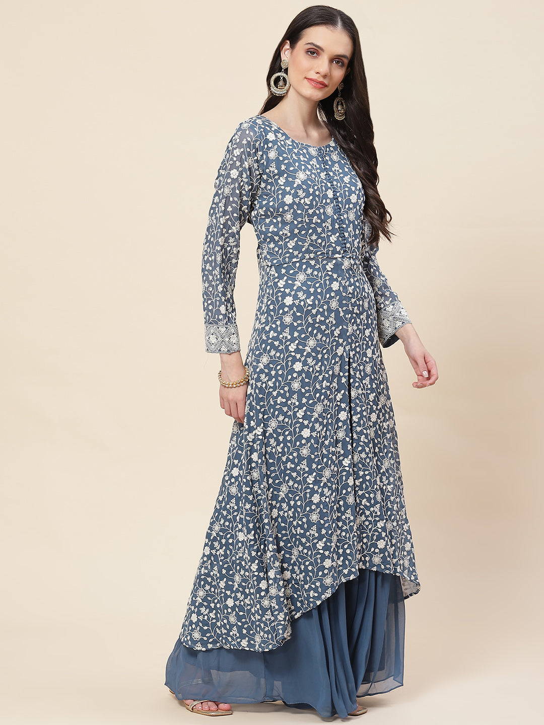 Embroidered Georgette Kurta With Palazzo &amp; Dupatta