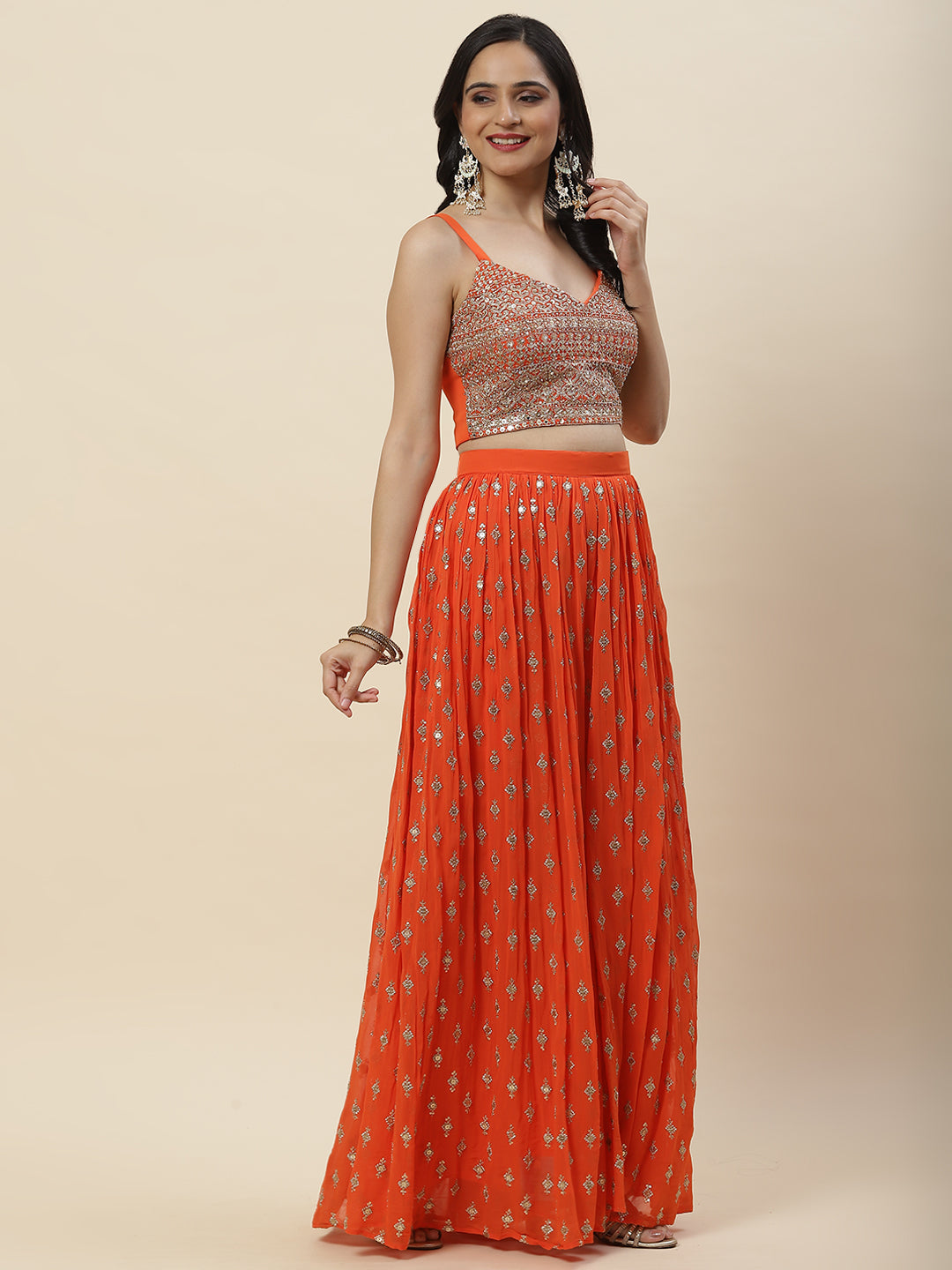 Zari Sequin Embroidered Georgette Crop Top With Palazzo &amp; Jacket