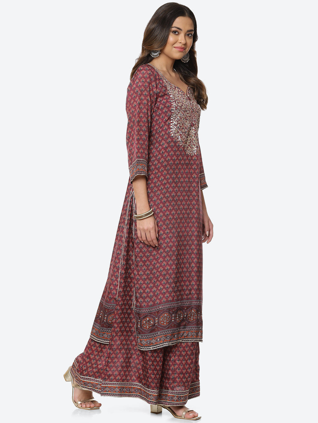 Printed Gota Neck Cotton Kurta With Palazzo & Dupatta