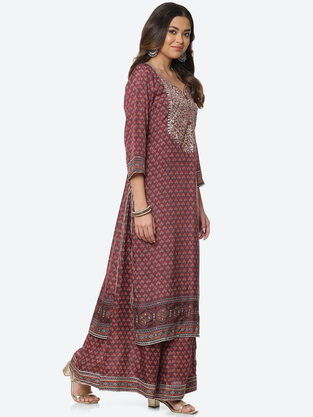 Printed Gota Neck Cotton Kurta With Palazzo & Dupatta