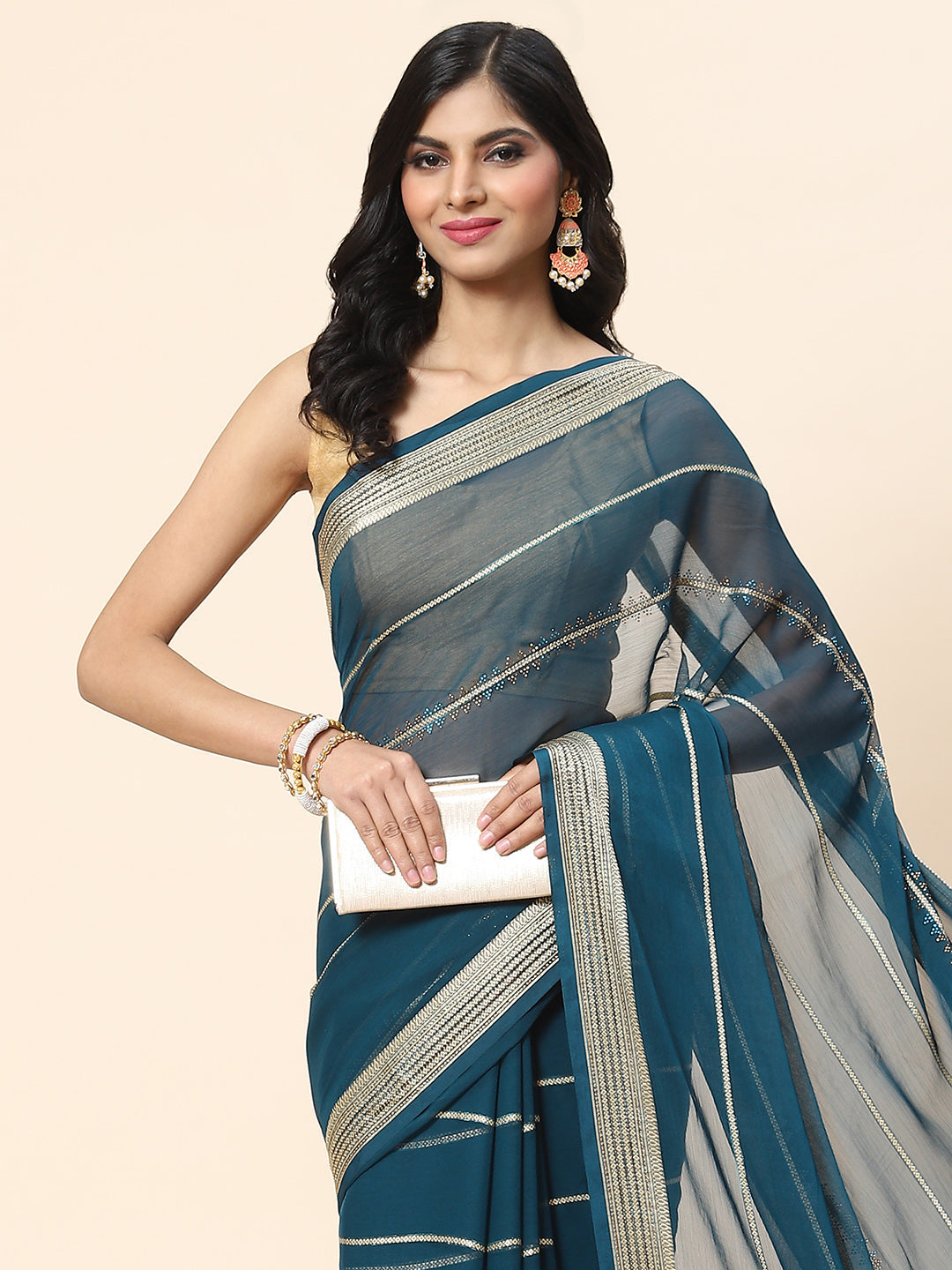 Stone Work Chiffon Plain Saree