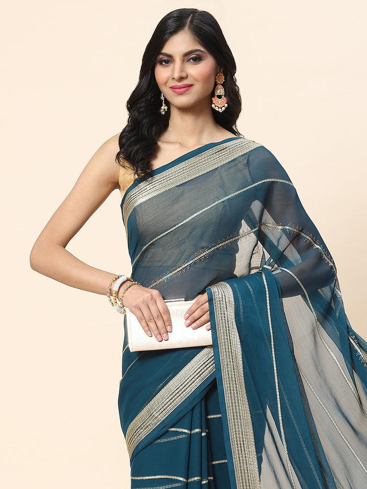 Stone Work Chiffon Plain Saree
