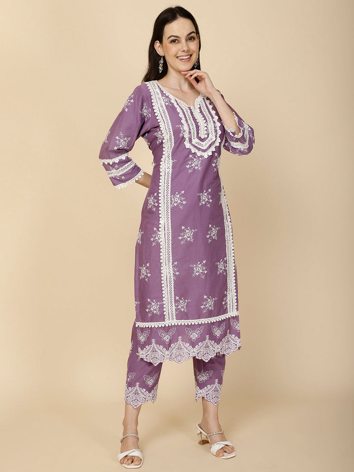 Embroidered Cotton Suit Set With Dupatta