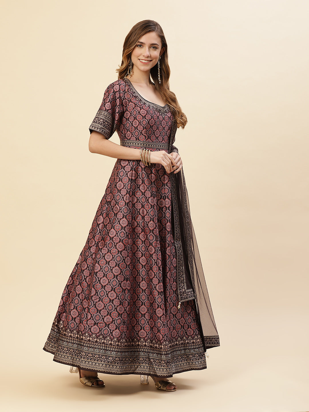 Digital Printed Art Tussar Anarkali Kurti With Chudidar And Net Dupatta