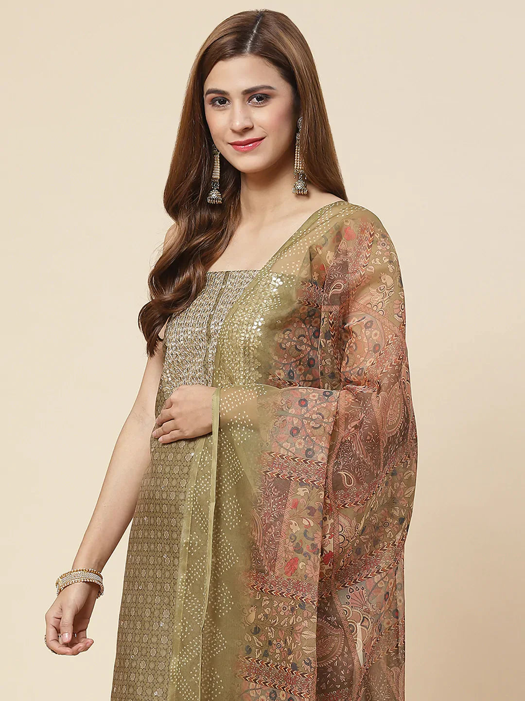 Neck Embroidered &amp; Printed Chanderi Unstitched Suit Piece With Dupatta