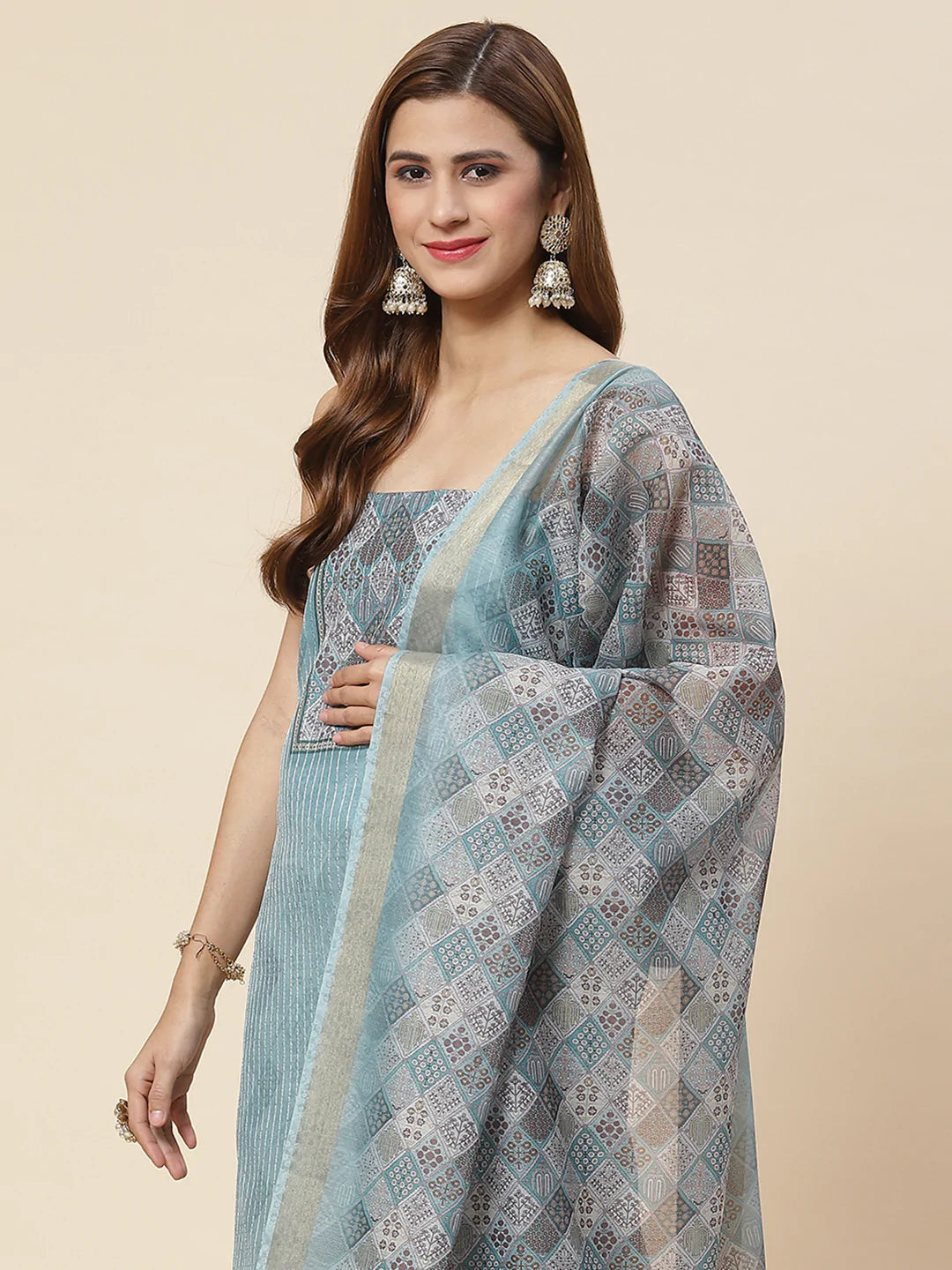 Neck Embroidered Chanderi Unstitched Suit Piece With Dupatta
