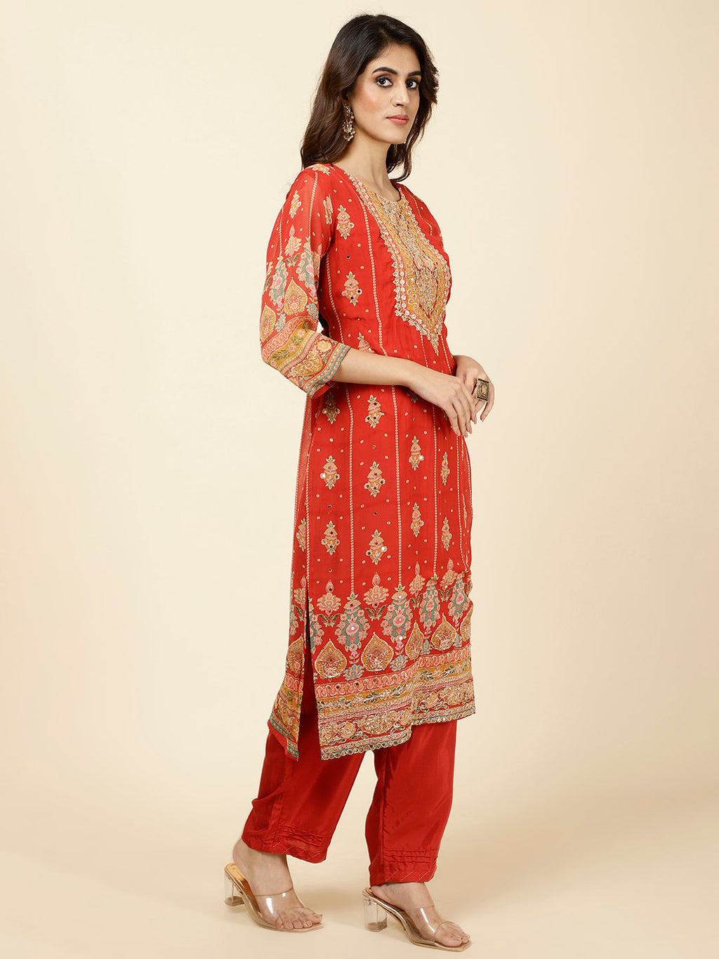 Floral Printed Georgette Kurta With Pants & Dupatta