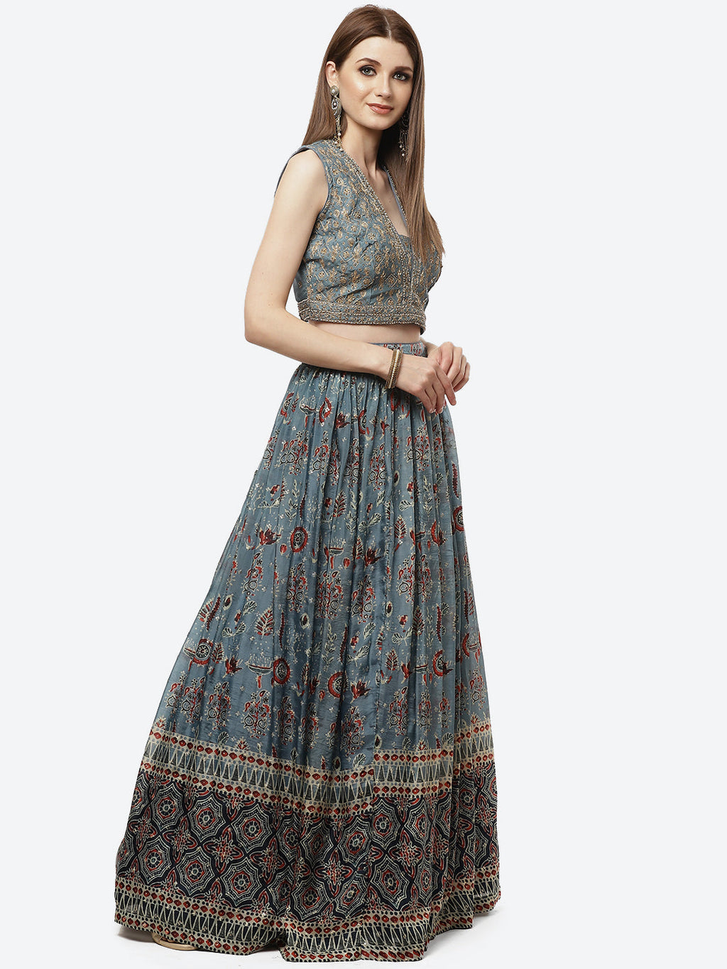 Printed Paisley Crepe Lehenga With Choli And Net Dupatta