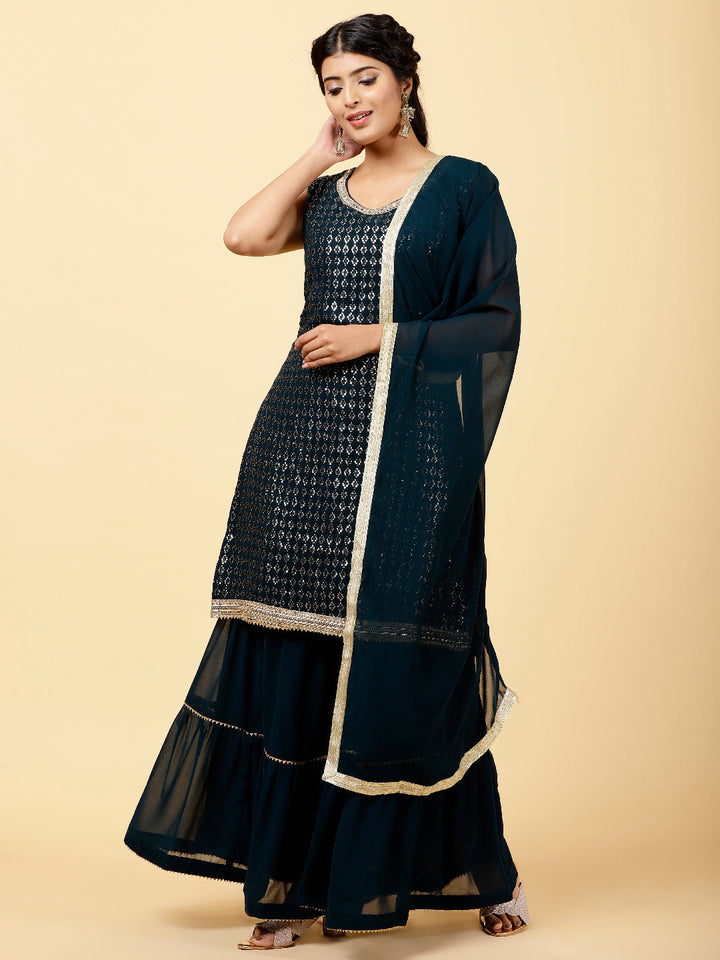 Sequin Embroidered Georgette Kurta With Garara &amp; Dupatta