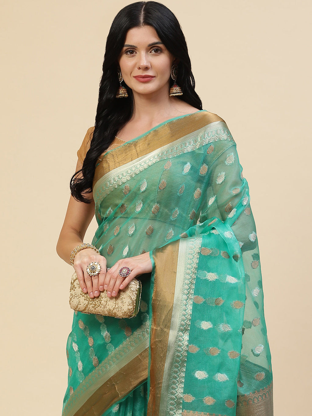 Antique Booti Organza Plain Saree