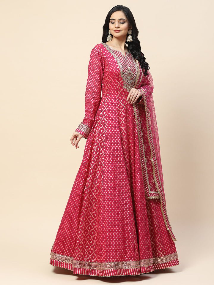 Zari Jaal Chanderi Anarkali Kurta With Churidar &amp; Dupatta