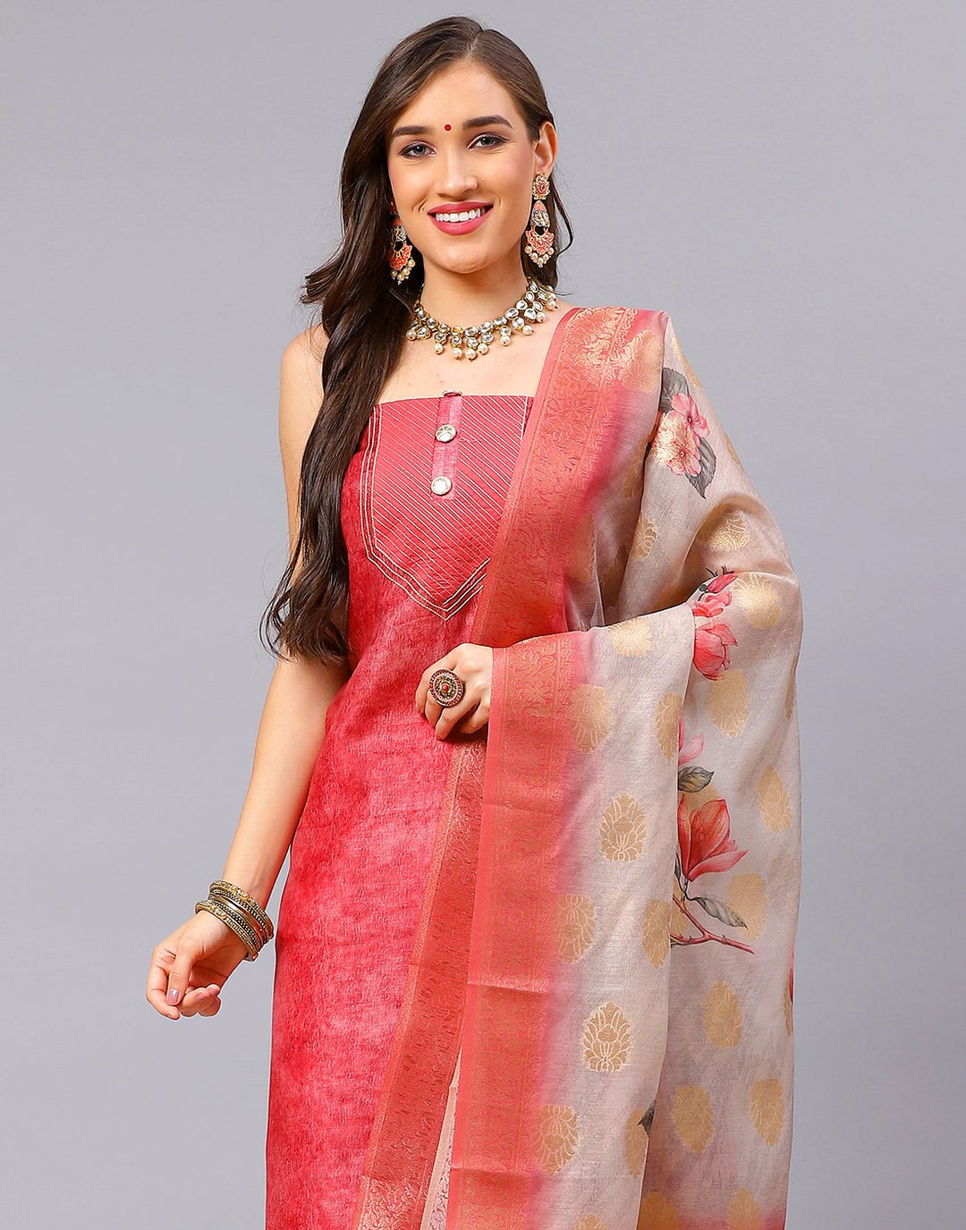 Chanderi Printed Suit Piece with fancy dupatta