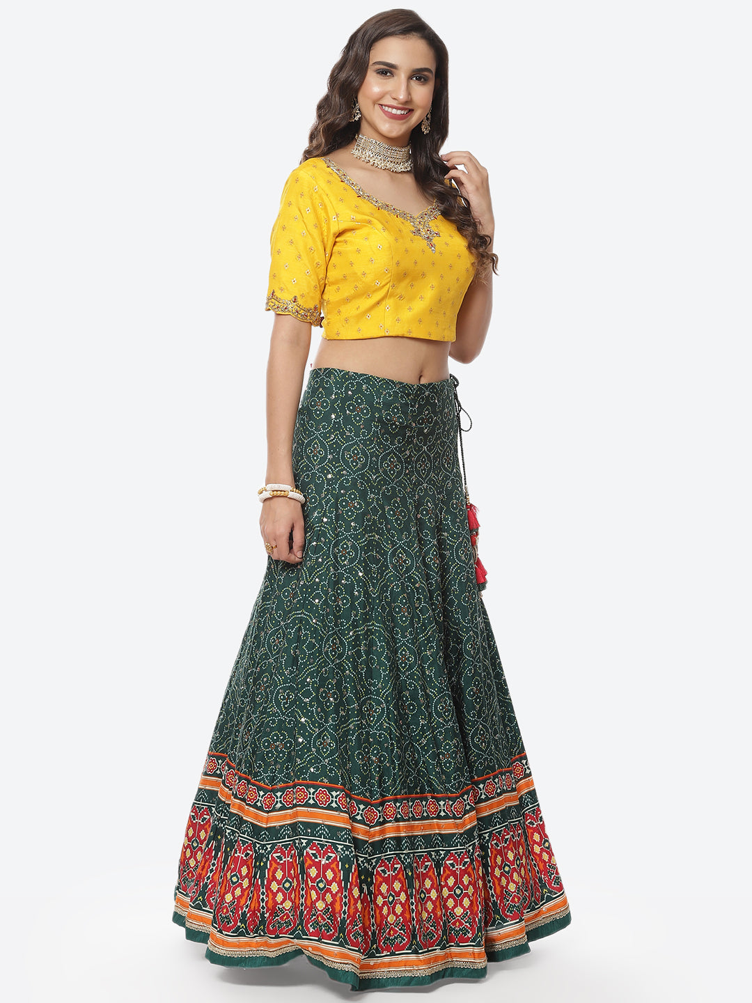 Printed Zari Neck Dupion Lehenga With Choli and Bandhani Printed Dupatta