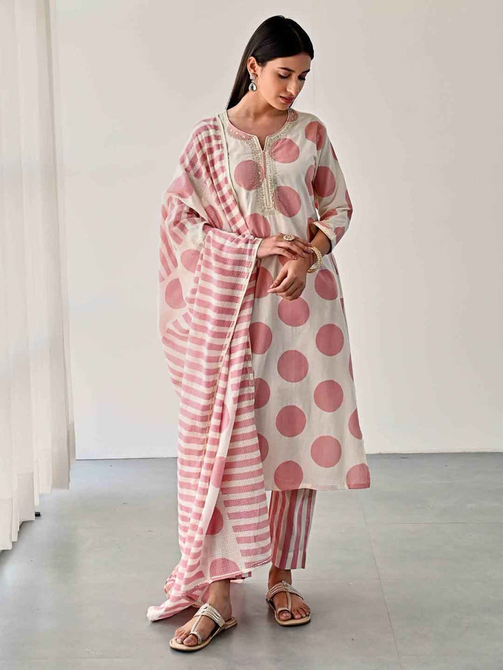 Printed Cotton Kurta With Pants &amp; Dupatta