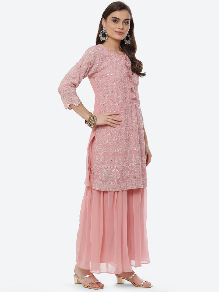 Resham Jaal Georgette Kurta With Garara &amp; Chiffon Dupatta