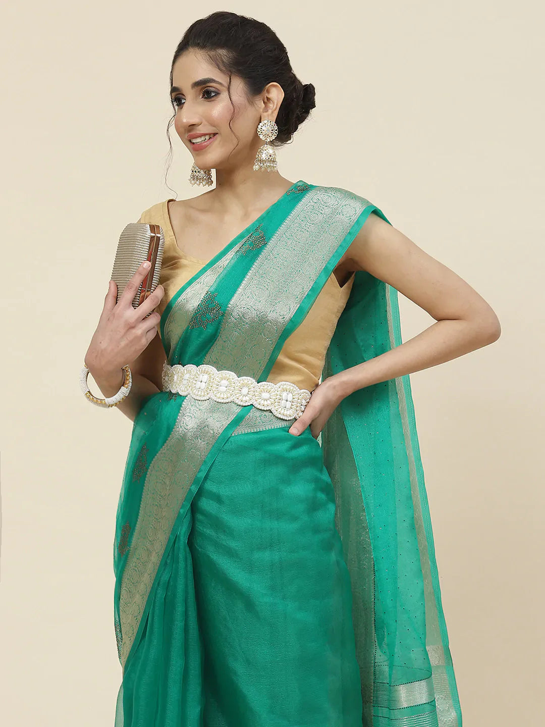 Stone Work Organza Plain Saree
