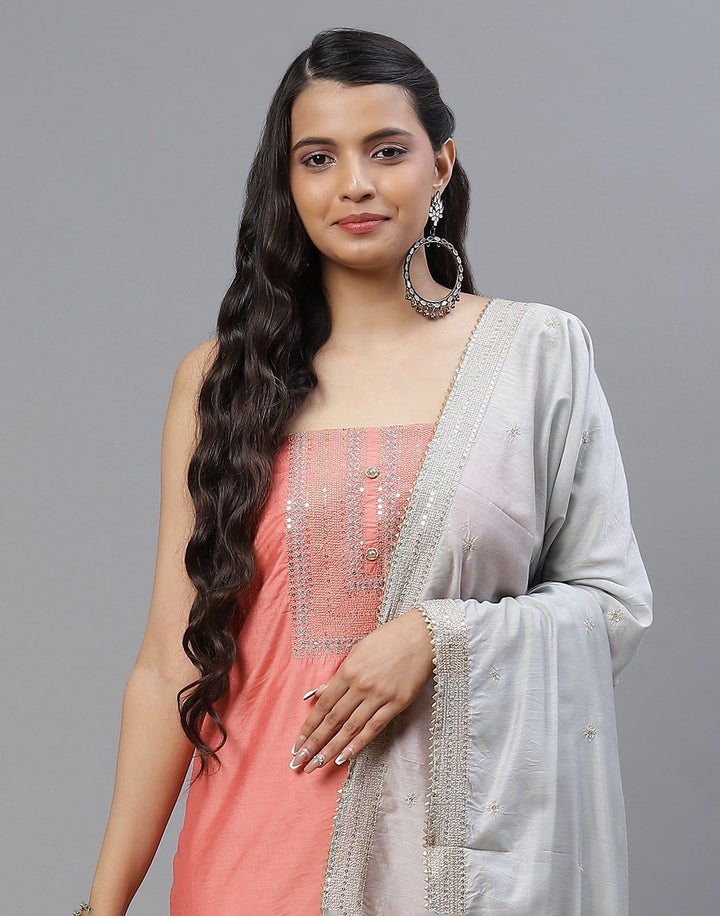 Embroidered Chanderi Suit Piece With Dupatta