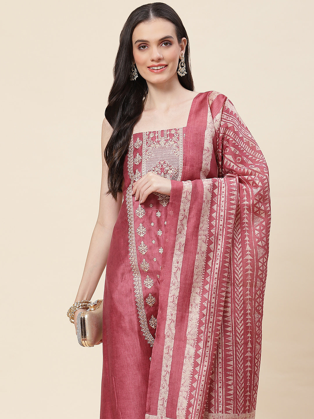 Embroidered Chanderi Unstitched Suit Piece With Dupatta