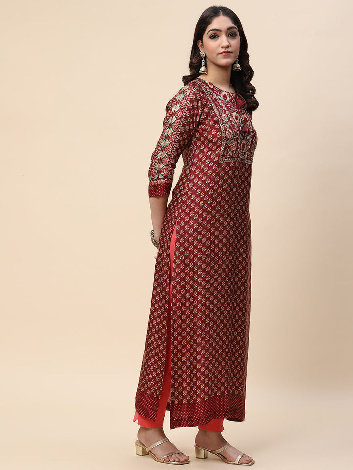 Zari Neck Embroidered &amp; Printed Satin Kurta