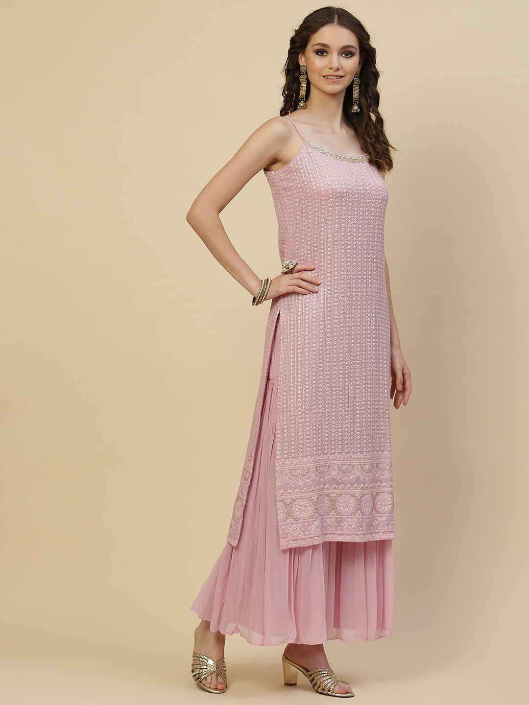 Resham Jaal Embroidered Georgette Kurta With Garara &amp; Dupatta
