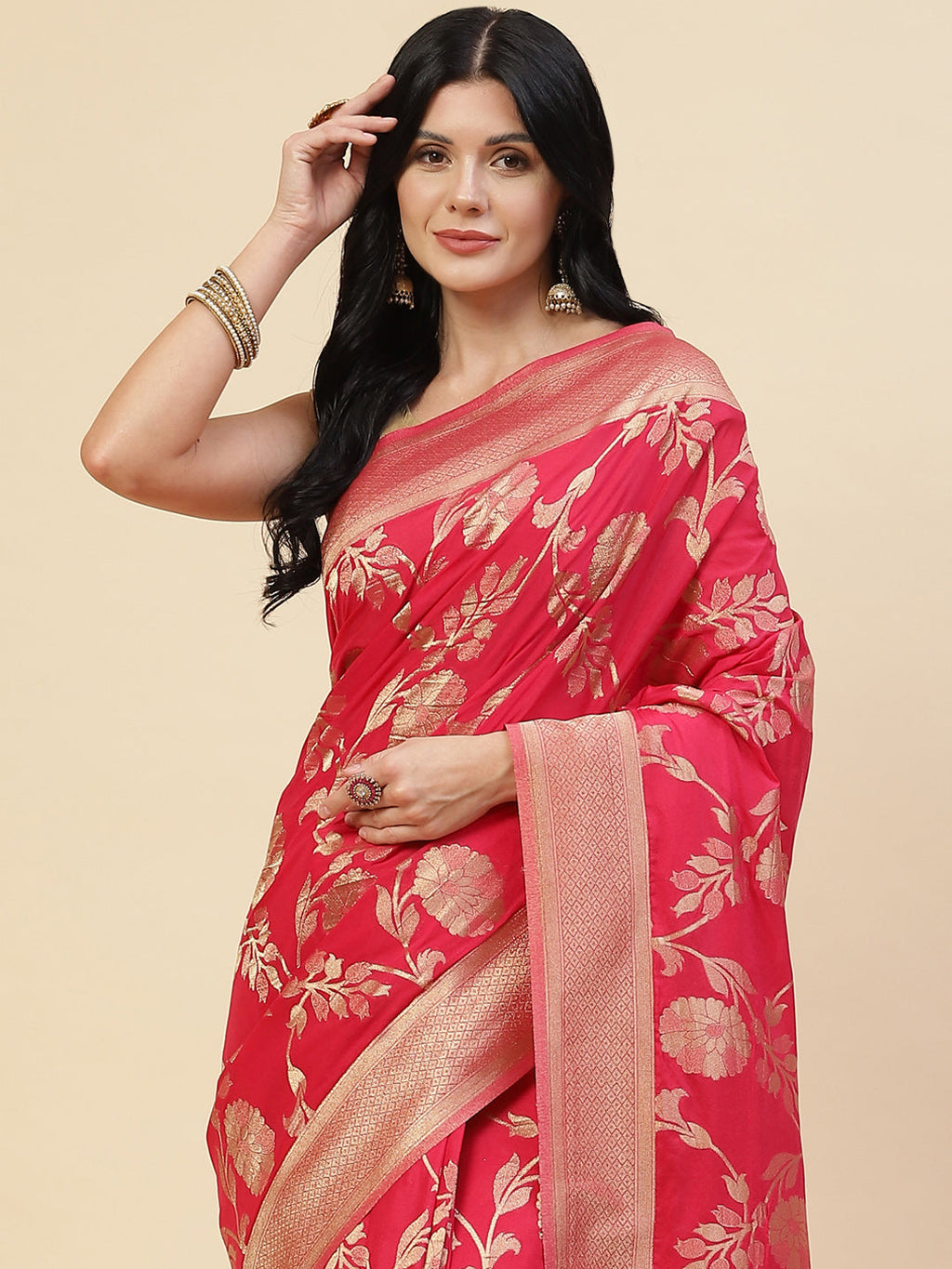 Floral Zari Jaal Crepe Plain Saree