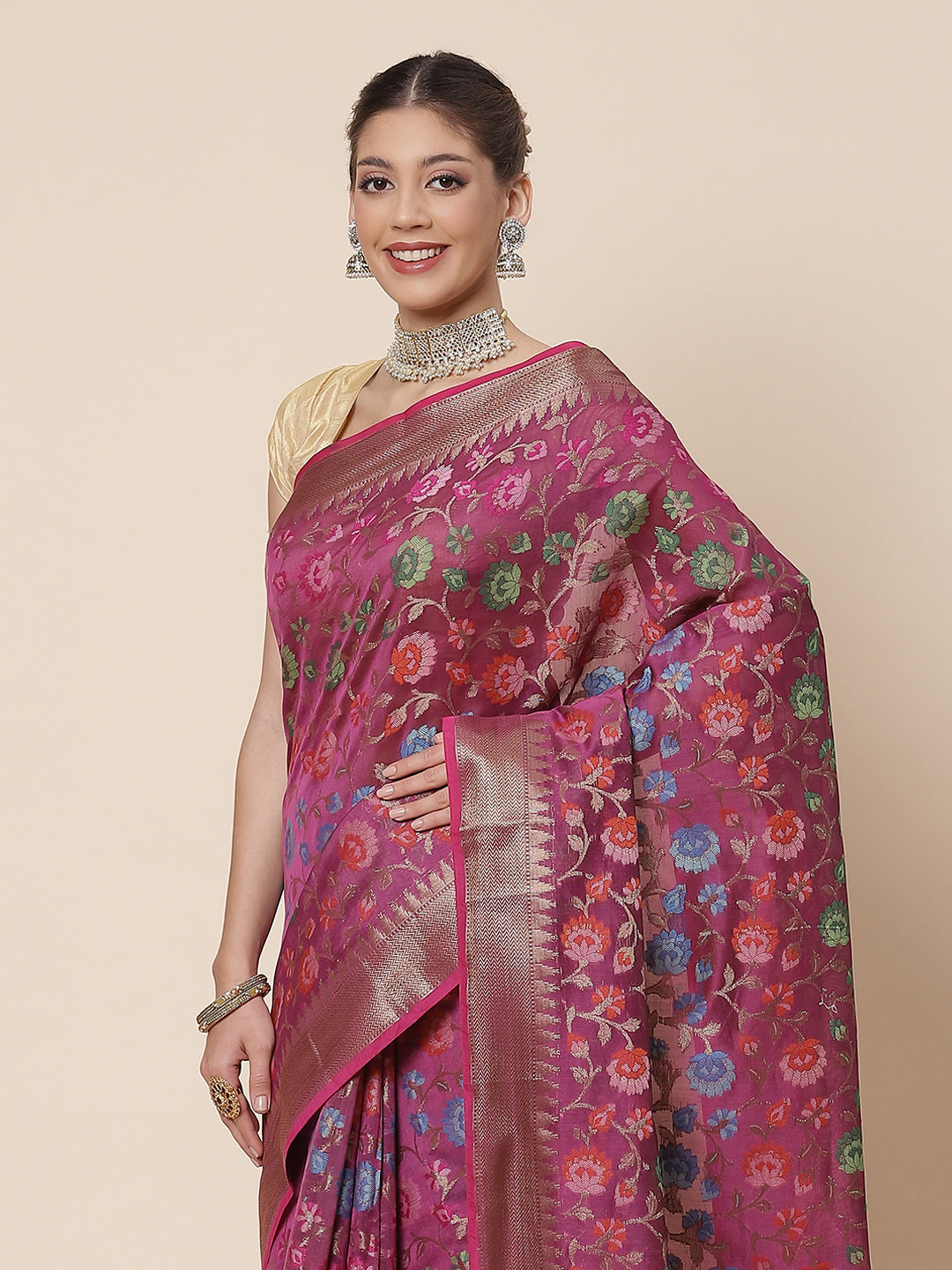 Floral Zari Jaal Cotton Woven Saree