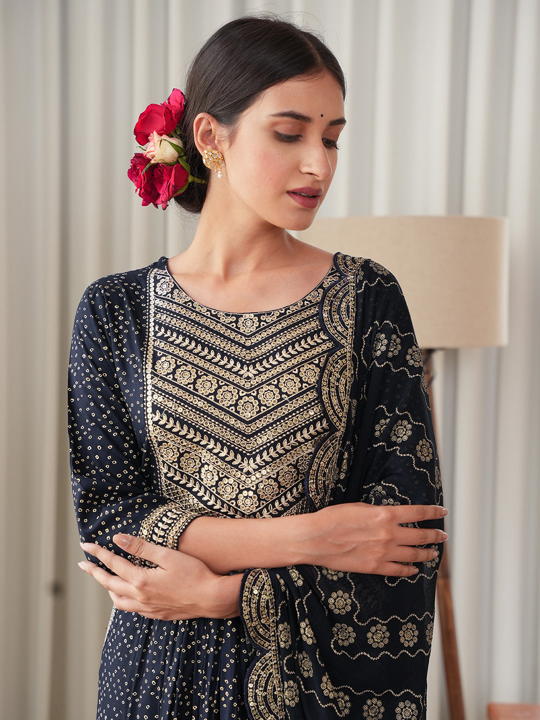Bandhani Embroidered Rayon Kurta With Pants &amp; Dupatta