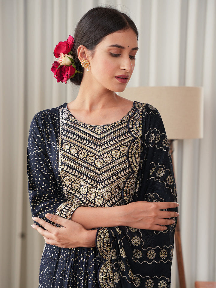Bandhani Embroidered Rayon Kurta With Pants &amp; Dupatta