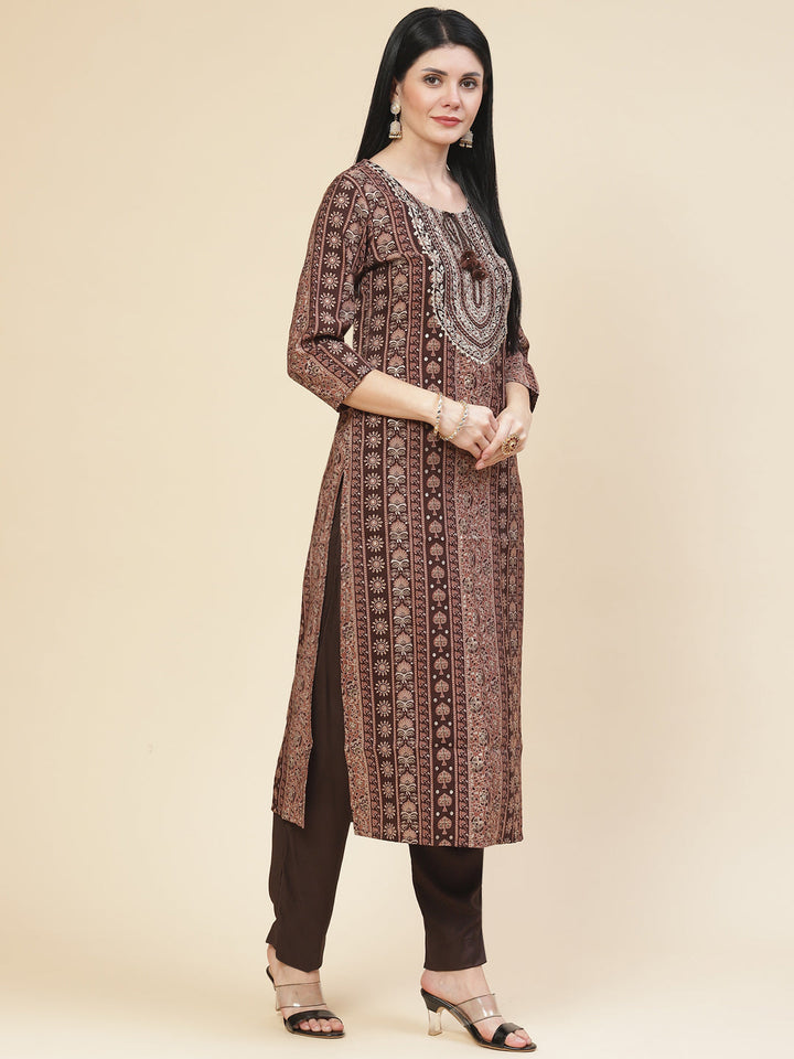 Neck Embroidered &amp; Printed Muslin Kurta With Pants