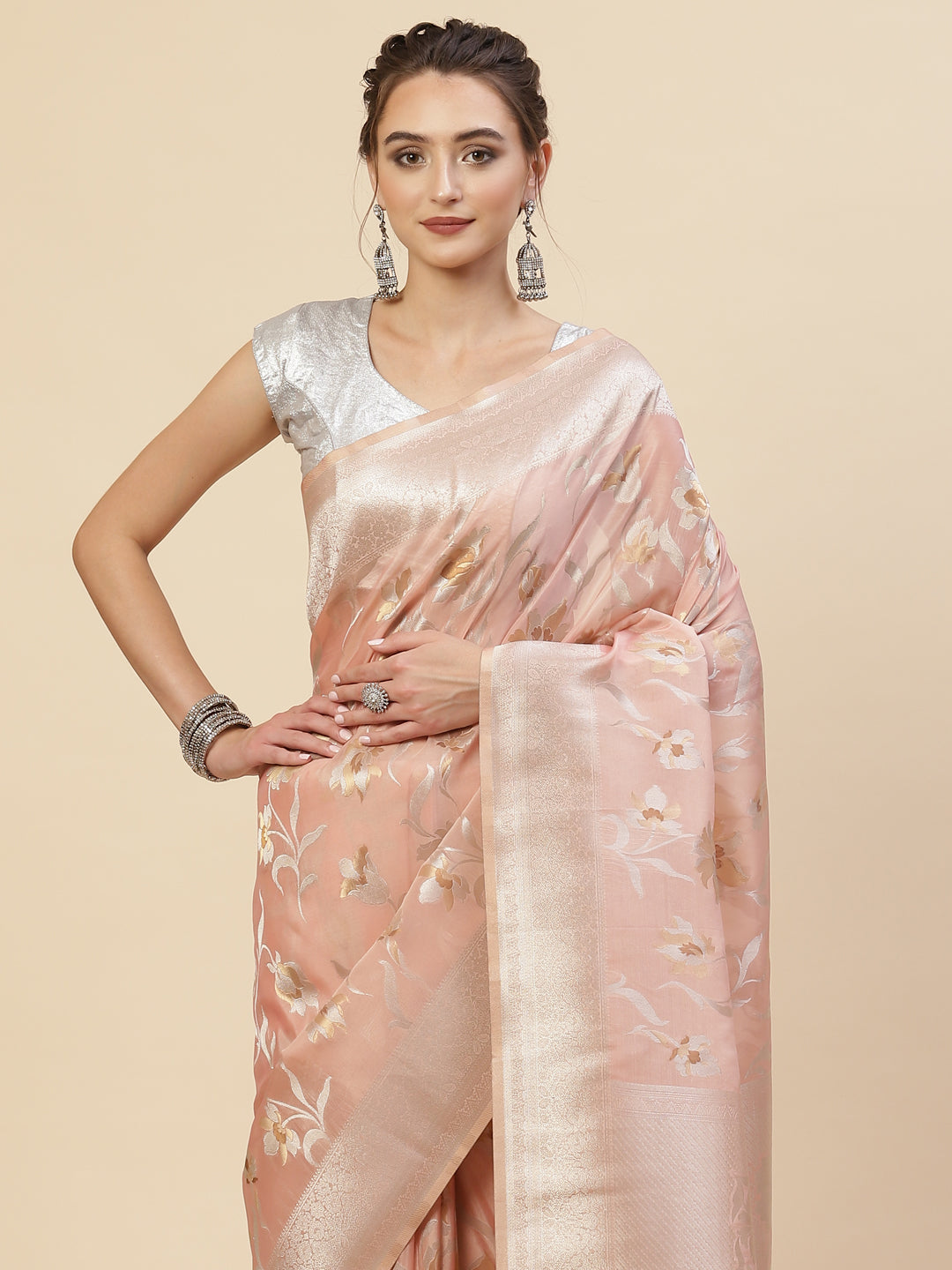 Floral Zari Jaal Organza Woven Saree