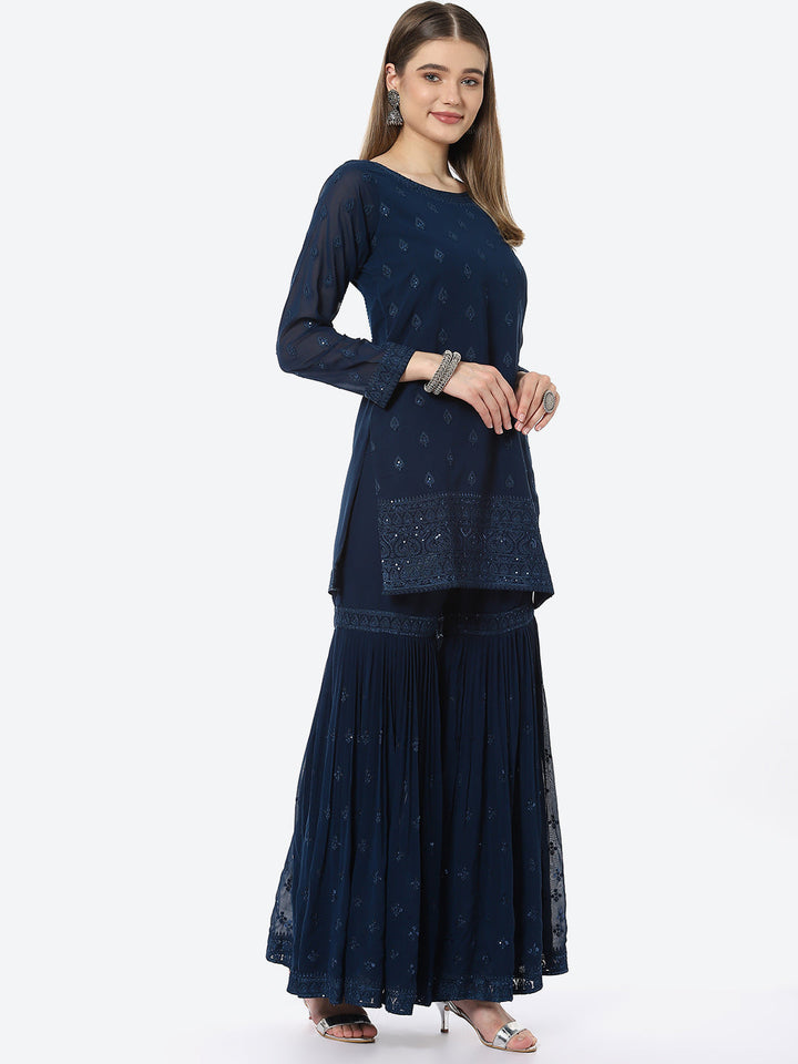 Resham Booti Georgette Kurta With Garara &amp; Georgette Dupatta