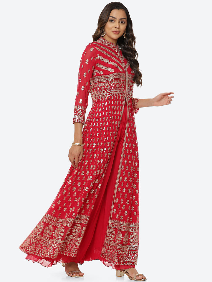 Zari Booti Georgette Kurta With Palazzo &amp; Net Dupatta