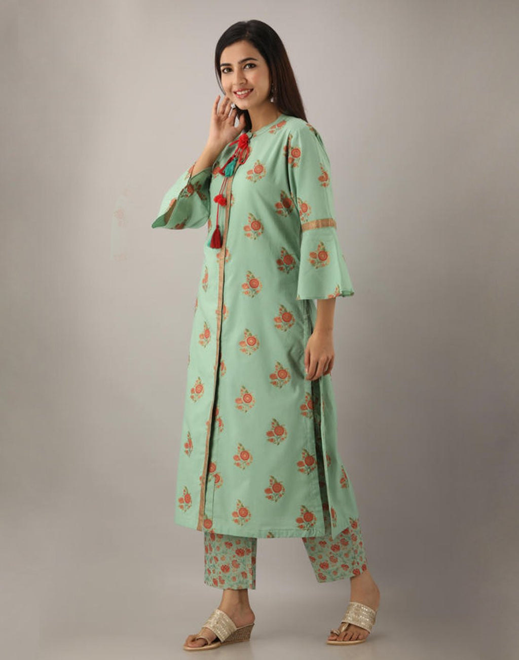 Printed Cotton Kurti And Pant With Bell Sleeves