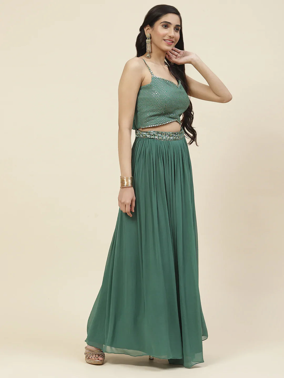 Sequin Embroidered Georgette Lehenga Choli With Dupatta &amp; Jacket