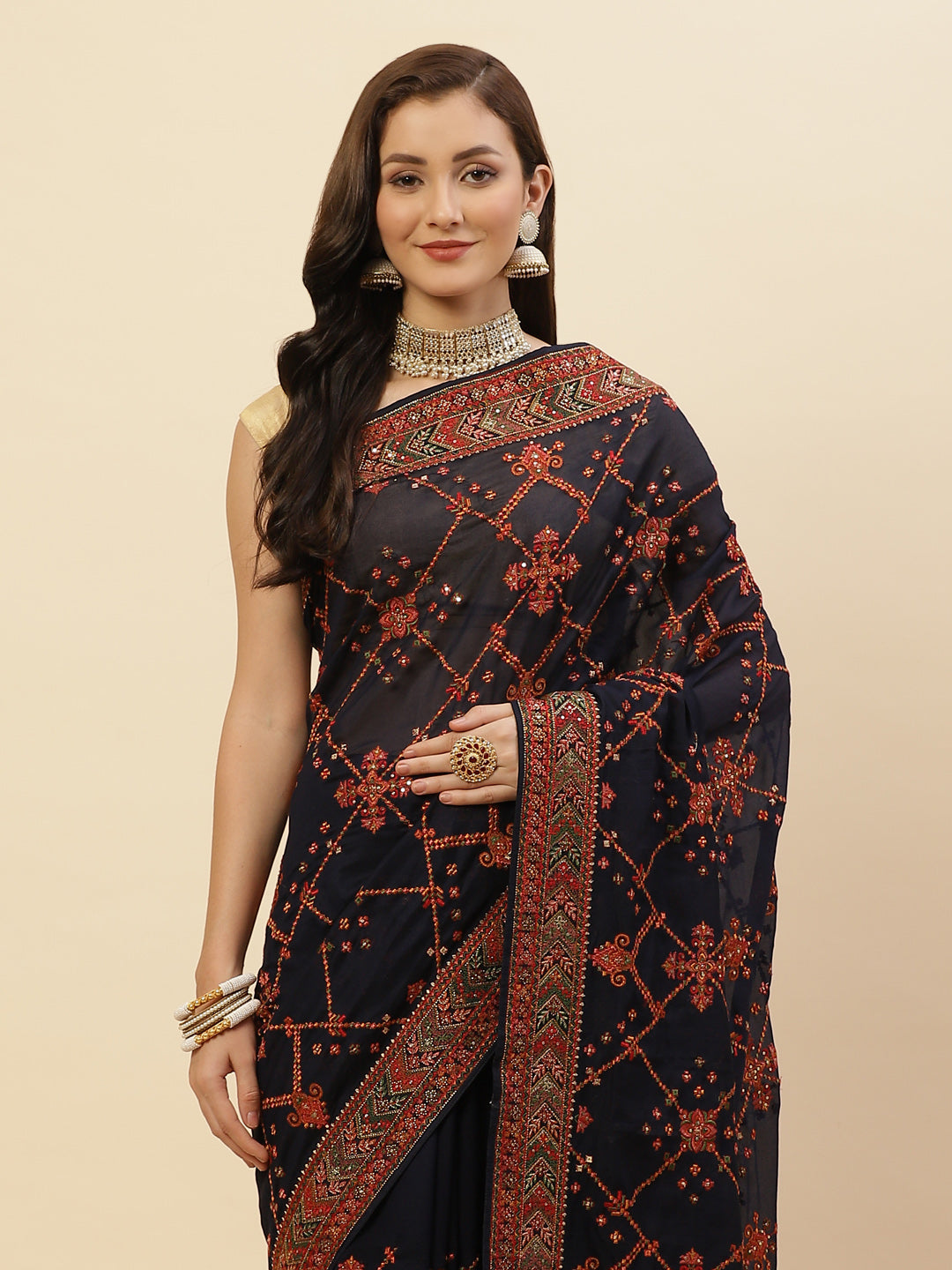 Resham Border Art Georgette Embroidered Saree