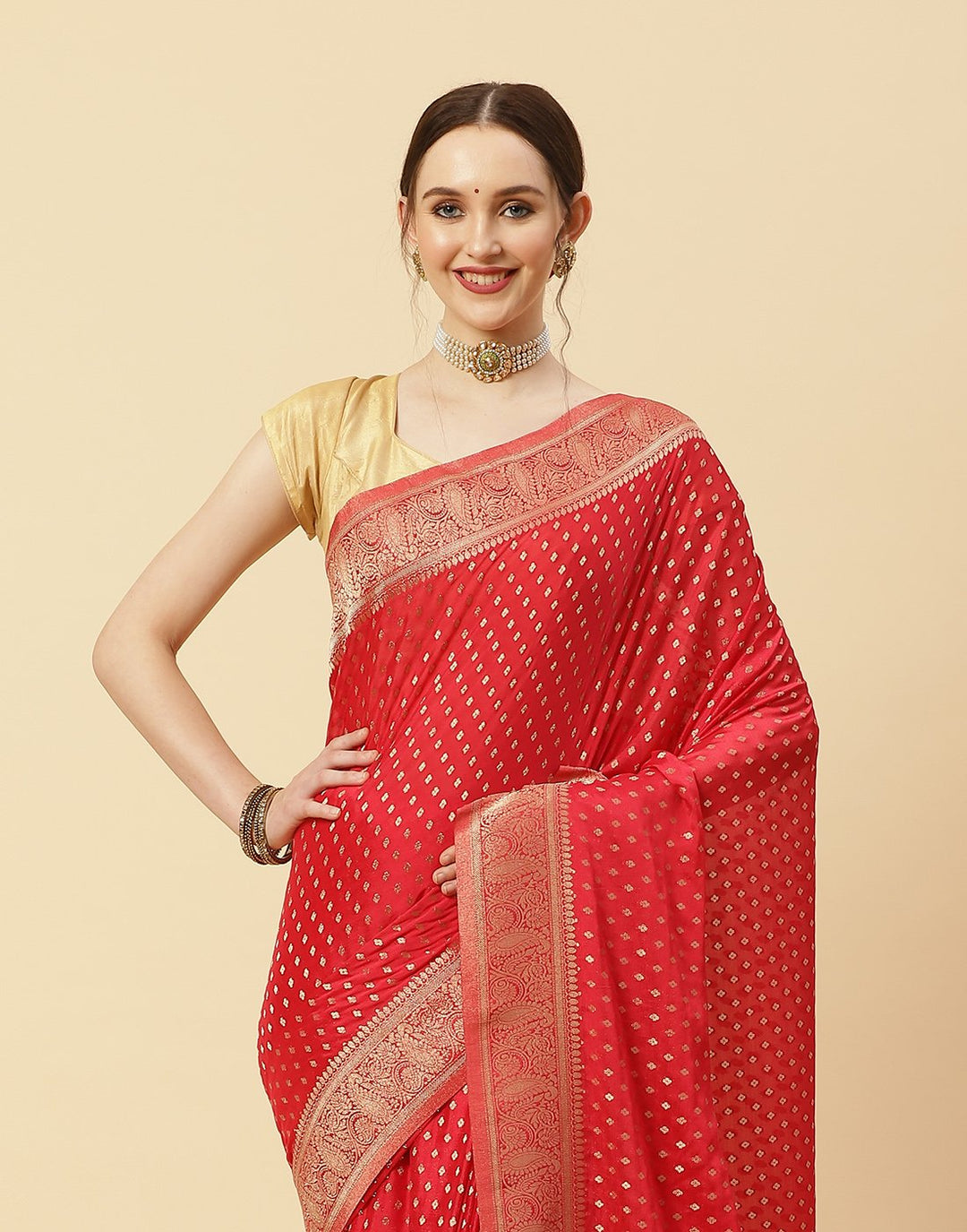 Plain Zari Booti Border Art Georgette Saree