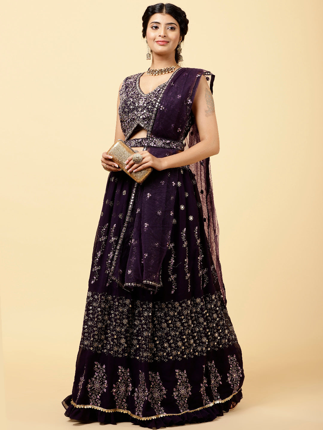 Zari Embroidered Georgette Choli With Lehenga &amp; Dupatta