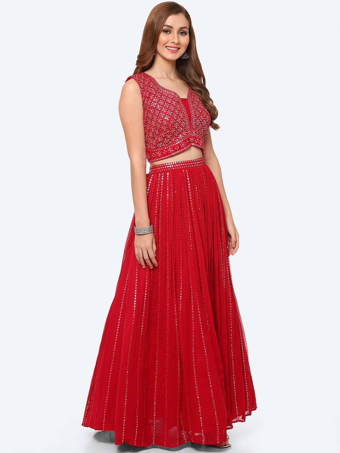 Mirror Work Georgette Choli With Laacha &amp; Net Dupatta