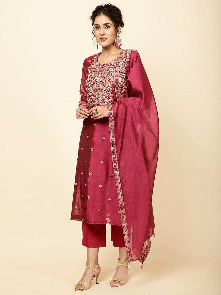 Neck Embroidered Chanderi Kurta With Pants &amp; Dupatta
