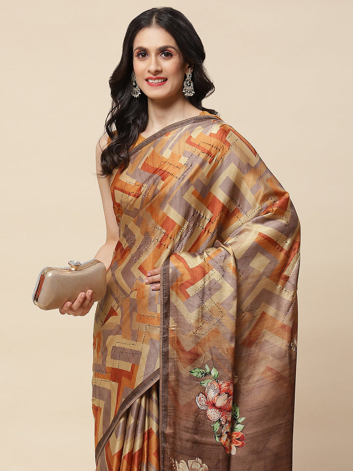 Abstract Digital Printed Satin Saree